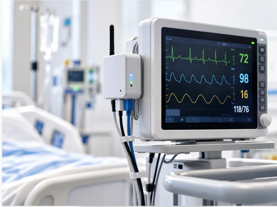 A bedside patient monitor fitted with a connectivity gateway that streams vital signs to cloud AI